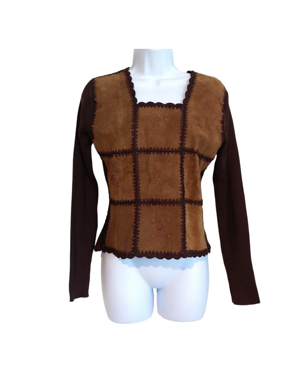 Womens Suede Patchwork Sweater Tonal Embroidered Western Boho Granny 90s - Picture 1 of 8